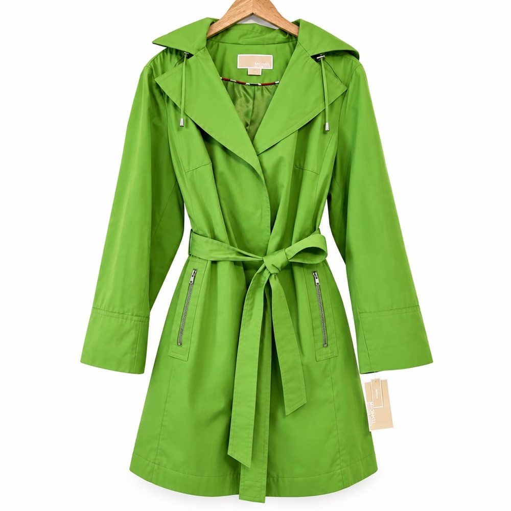 Michael Kors Bright Green Hooded Trench with Waist Tie
